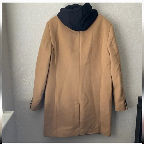 DKNY Mens Overcoat Tan Faux Wool Pockets Removable Bib Hood HeavyweightNwt